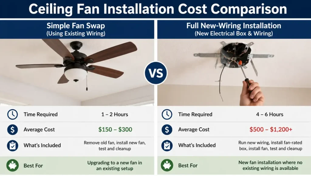 Ceiling fan installation cost comparison chart for existing wiring versus new wiring projects