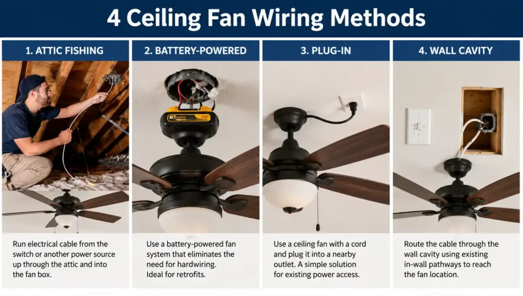 four methods for how to install a ceiling fan without existing wiring compared