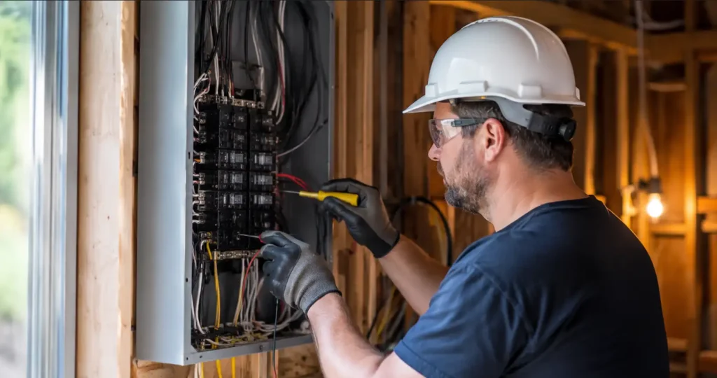 electrician installing 200 amp panel showing electrical service rates for upgrades