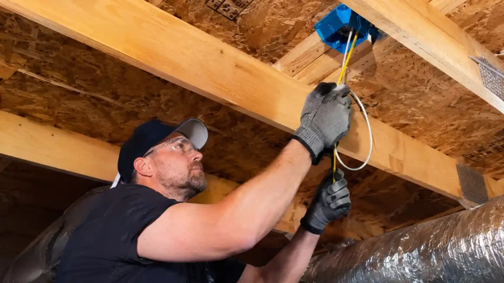 electrician fishing wire through attic for how to install a ceiling fan without existing wiring