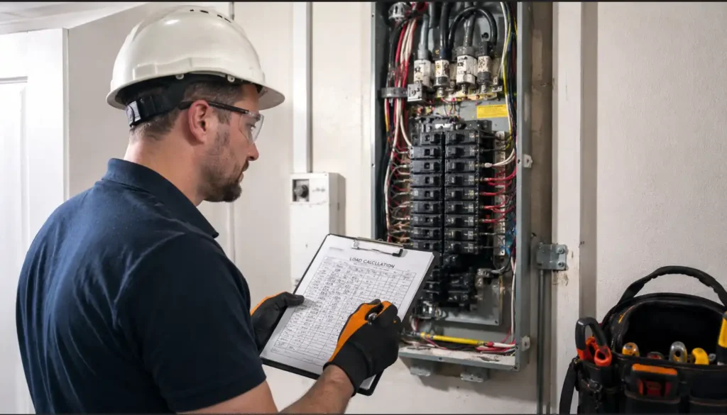 Electrician assessing electrical panel upgrade cost during a home inspection