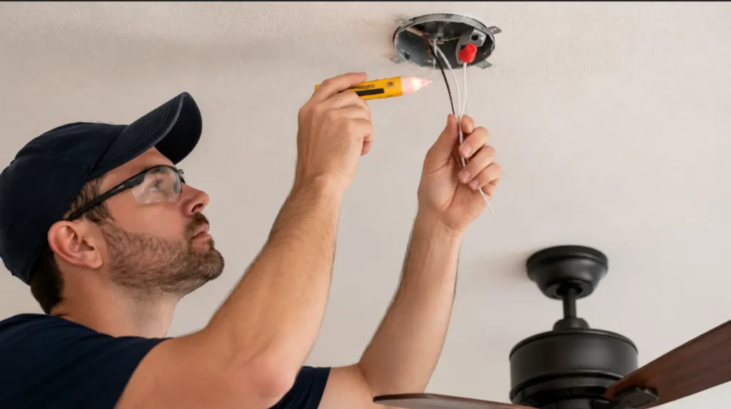 Electrician testing wiring before ceiling fan installation