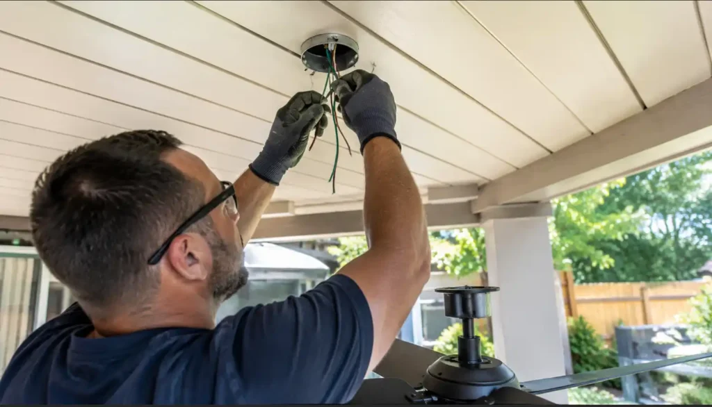 licensed electrician wiring an outdoor ceiling fan with light junction box