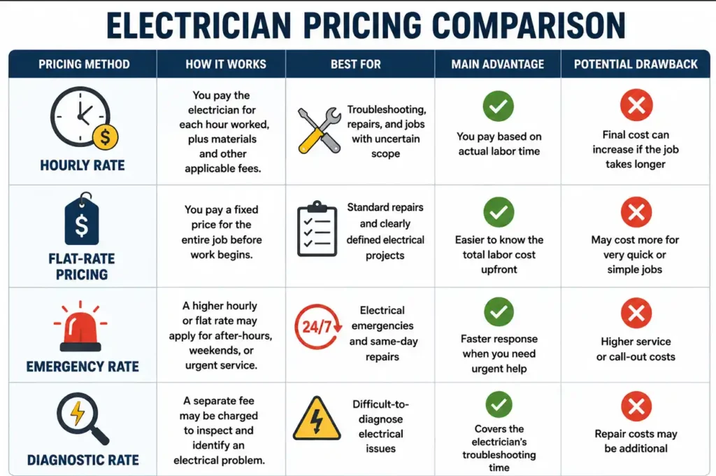 comparison of hourly rate electrician billing versus flat-rate electrical pricing