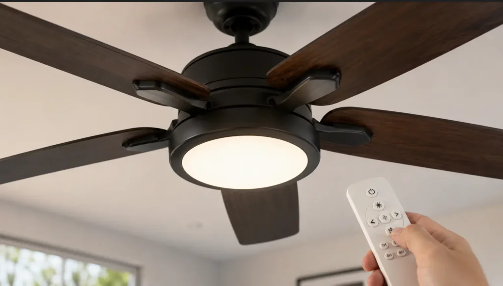 Ceiling fan with LED lighting representing higher-end ceiling fan installation cost options
